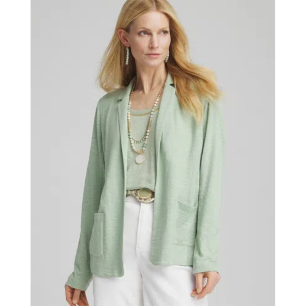 Chico's Sage Green Slub Knit Open Front Blazer Cardigan Jacket Size 1 M